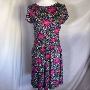 Boden Amelia Cap Sleeve Jersey Dress in Tropical Charm‎ Navy Pink Floral Size 4